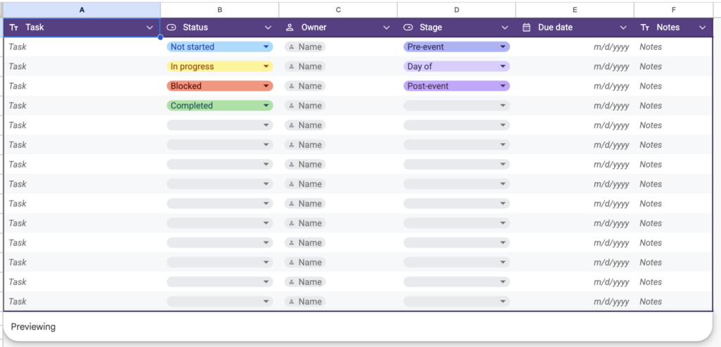 Google Sheets Templates - Event Tasks
